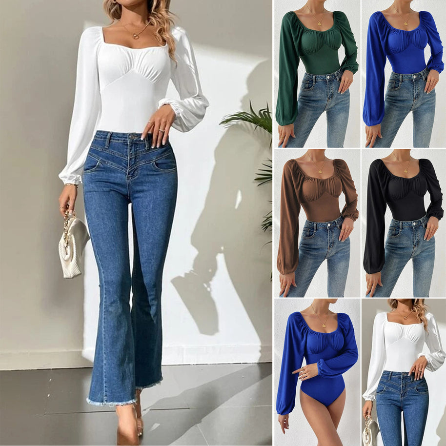 Damen Langarmbody mit Puffärmeln und schickem Ausschnitt WW