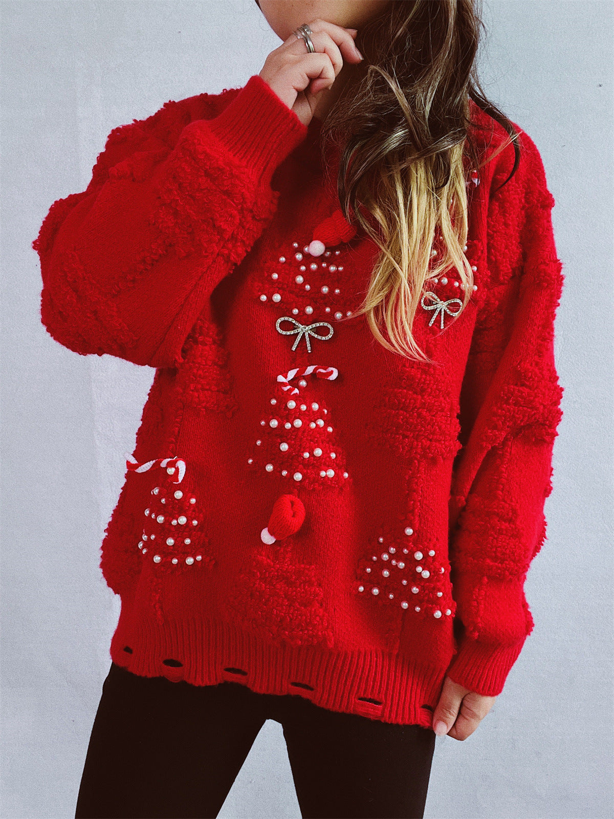 Damen festlicher Pullover mit kreativen Weihnachtsmotiven und strukturiertem Design WW