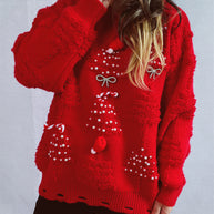 Damen festlicher Pullover mit kreativen Weihnachtsmotiven und strukturiertem Design WW