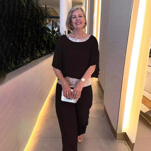 Damen elegante Jumpsuit mit schimmerndem Taillenbund WW