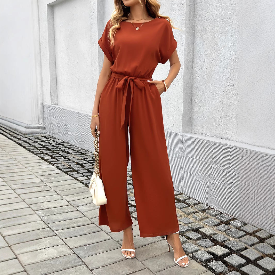 Damen Jumpsuit mit weitem Bein und Taillengürtel W&W Mode