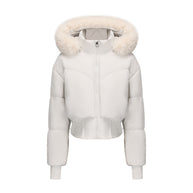 Damen cropped Daunenjacke mit abnehmbarer Kapuze und Kunstfellbesatz WW