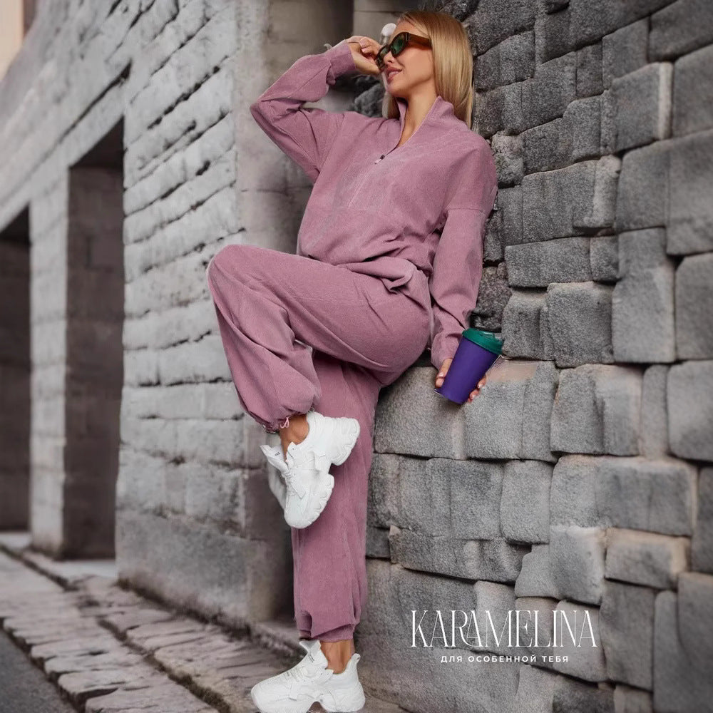 Damen sportliches Fleece-Set mit hohem Kragen und weitem Bein WW