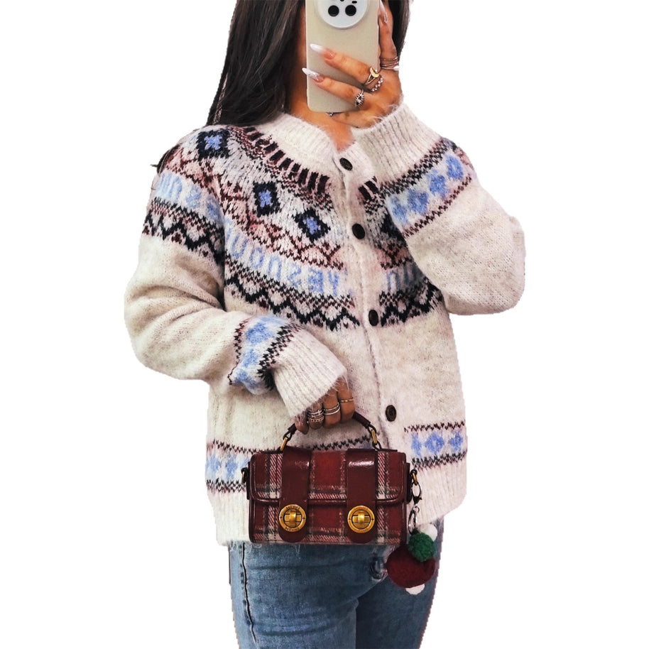 Damen Strickjacke mit buntem nordischen Muster und hochwertigen Holzknöpfen WW