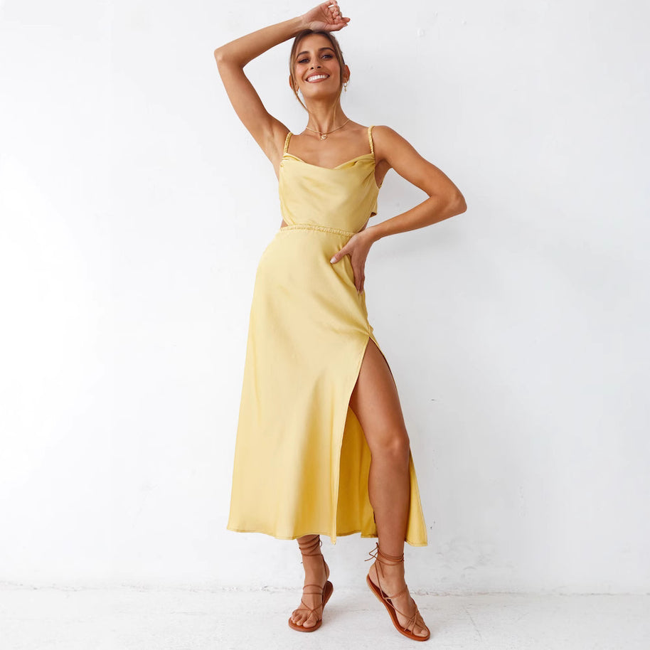 Damen Satin-Midikleid mit raffinierten Rüschendetails und elegantem Tragekomfort WW