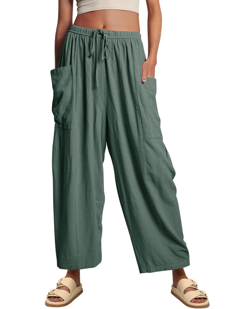 Damen lässige weit geschnittene Leinenhose mit praktischen Taschen und elastischem Bund WW