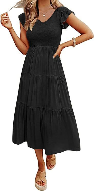 Damen Viskose Maxikleid mit voluminösen Rüschendetails und elastischem Taillenzug WW