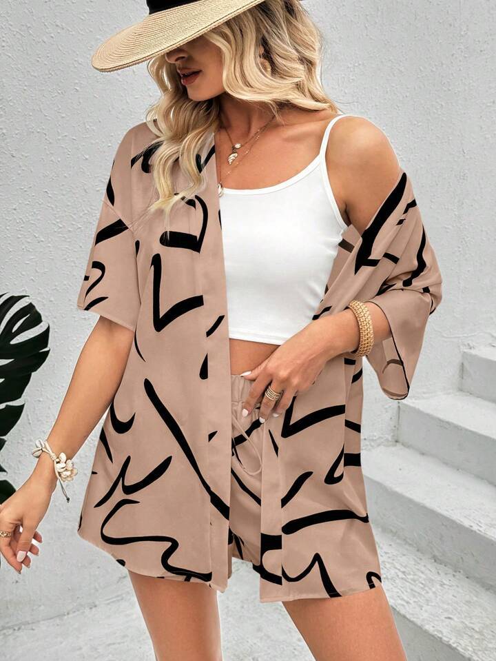 Damen Abstract Print Kimono Set WW