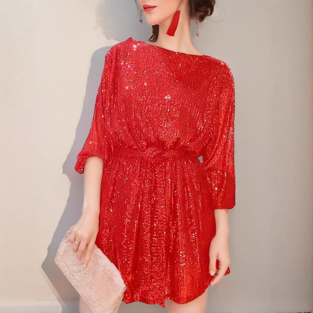 Damen Glitzerndes Festkleid mit weitem Schnitt und lässigen Ärmeln WW
