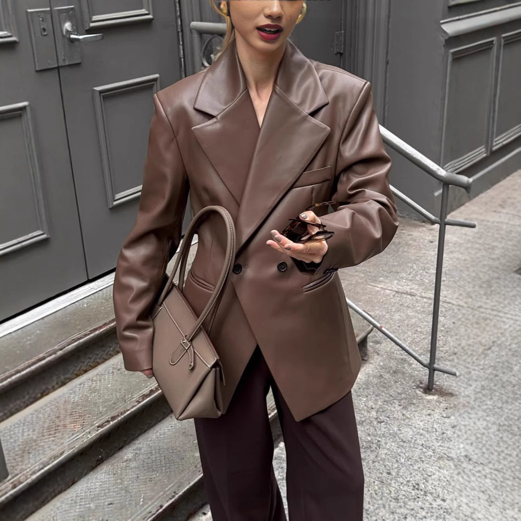 Damen stilvolle Kunstlederblazerjacke mit oversized Schnitt WW