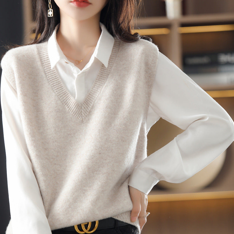 Damen Ärmellose Strickweste mit V-Ausschnitt und feiner Textur WW