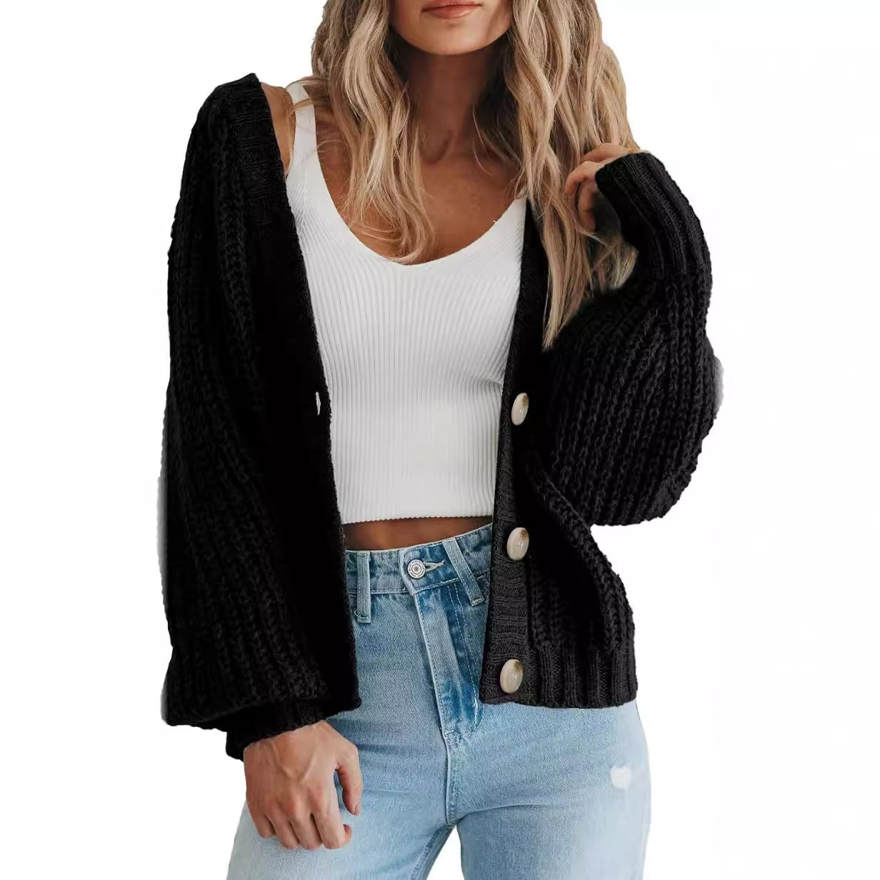 Damen Strickjacke mit Ballonärmeln WW