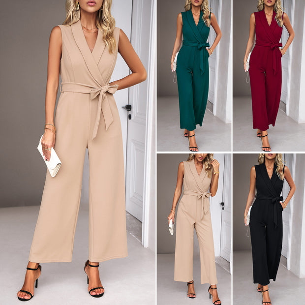 Damen eleganter Jumpsuit mit Wickeloptik und Taillengürtel WW