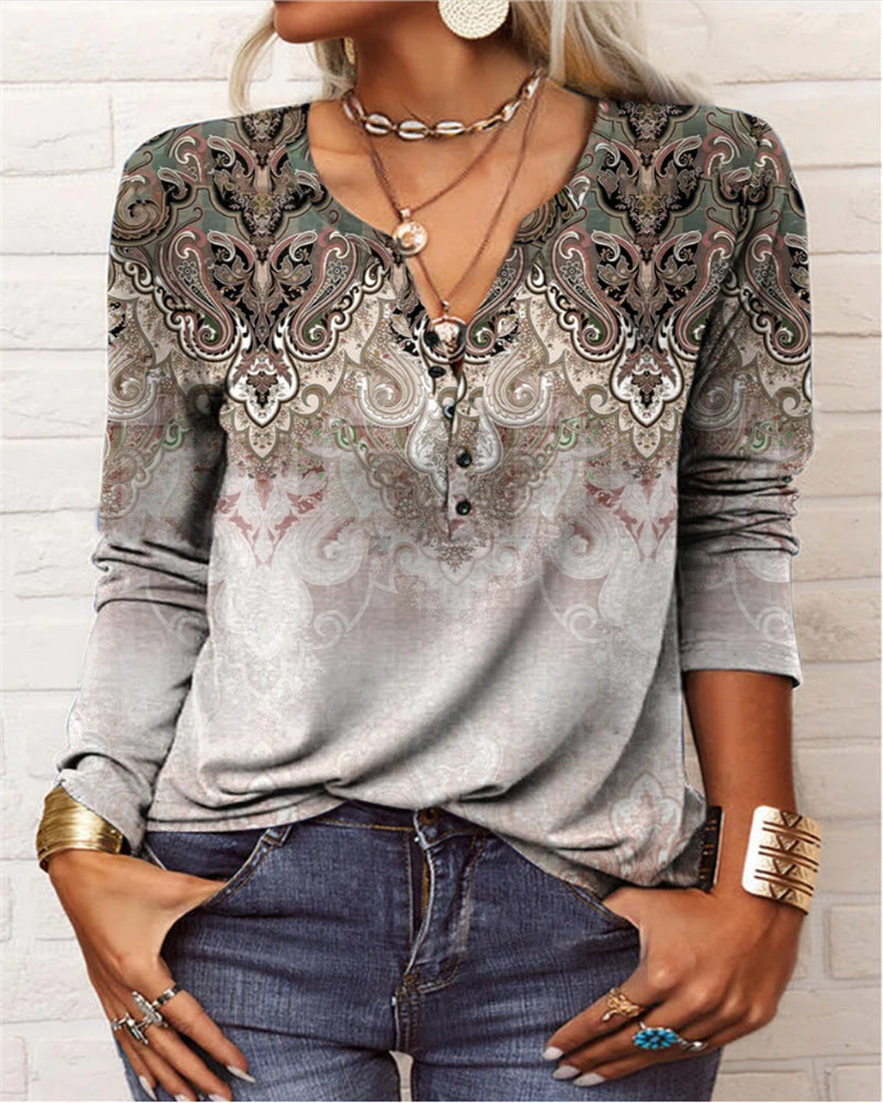 Damen Langarmshirt mit detailliertem Druck und Knopfleiste WW