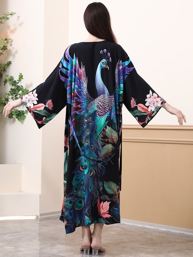Damen Kimono mit buntem Pfauenmotiv und weitem Schnitt WW