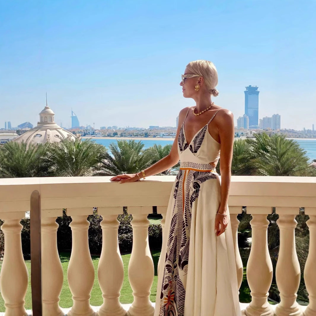 Damen elegantes Sommermaxikleid mit kunstvollem Blattmuster WW