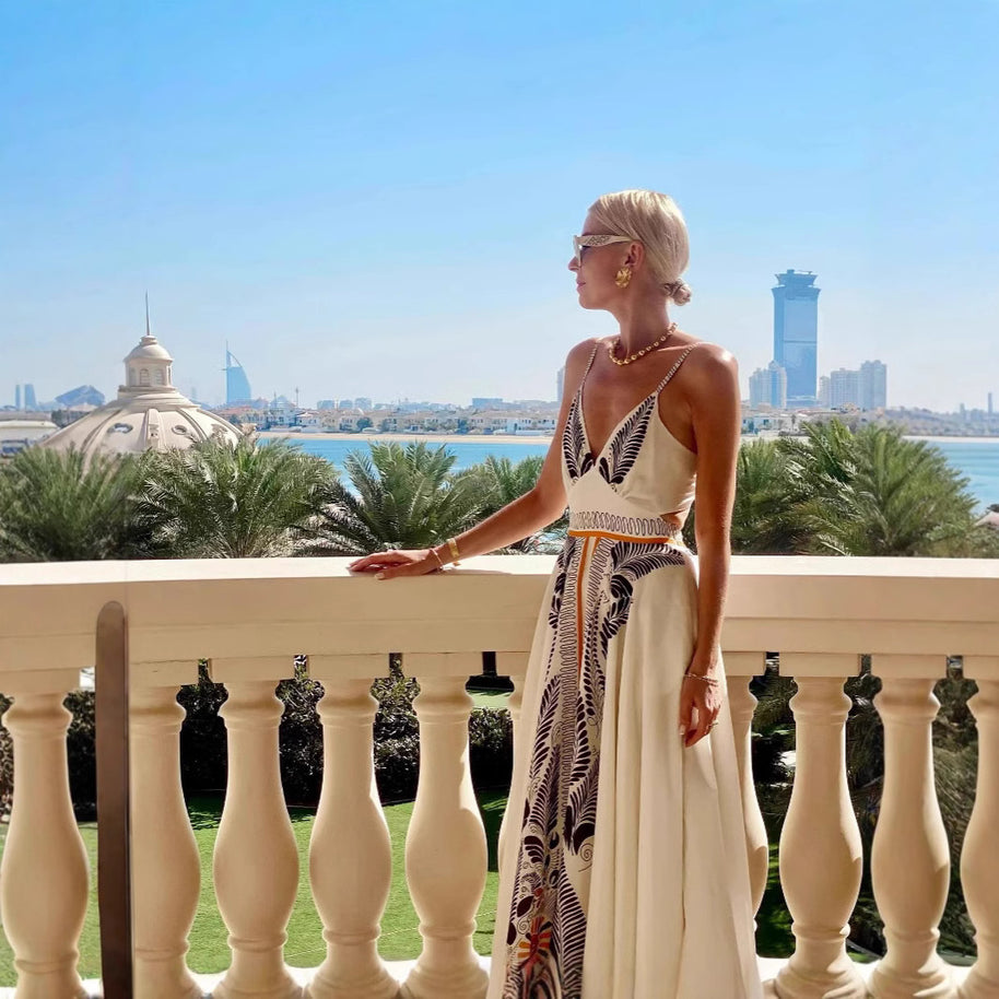 Damen elegantes Sommermaxikleid mit kunstvollem Blattmuster WW