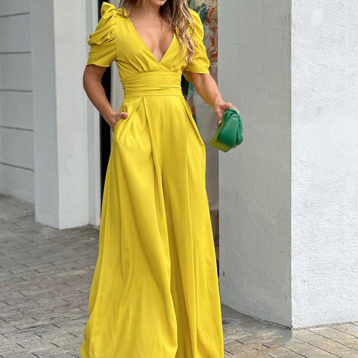 Damen Elegantes Jumpsuit mit voluminösen Puffärmeln und tiefem V-Ausschnitt W&W Mode