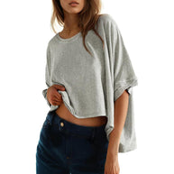 Damen lässiges cropped Oberteil mit weiten Ärmeln und Rundhalsausschnitt WW