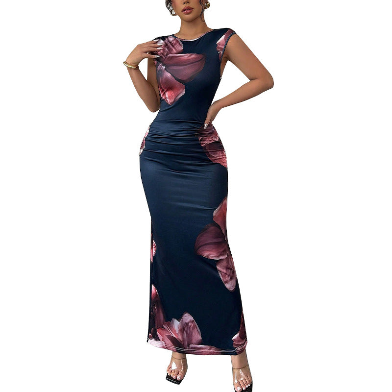 Damen elegantes Maxi-Kleid mit floralem Drapierungsdesign und figurbetonendem Schnitt WW