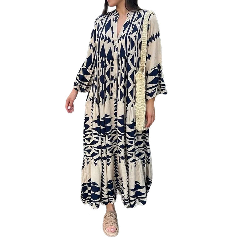 Damen Maxikleid mit geometrischem Muster und fließendem Schnitt WW