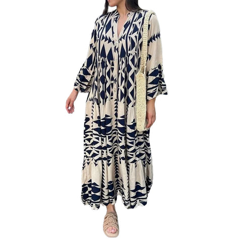 Damen Maxikleid mit geometrischem Muster und fließendem Schnitt WW
