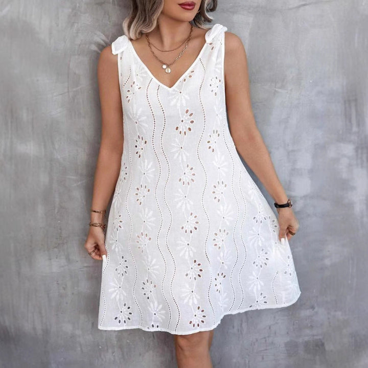 W&W Mode | Besticktes Hohles Schnür-Ärmelloses V-Ausschnitt Kleid