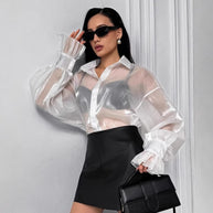 Damen Transparente Bluse mit voluminösen Ärmeln und eleganten Rüschendetails WW