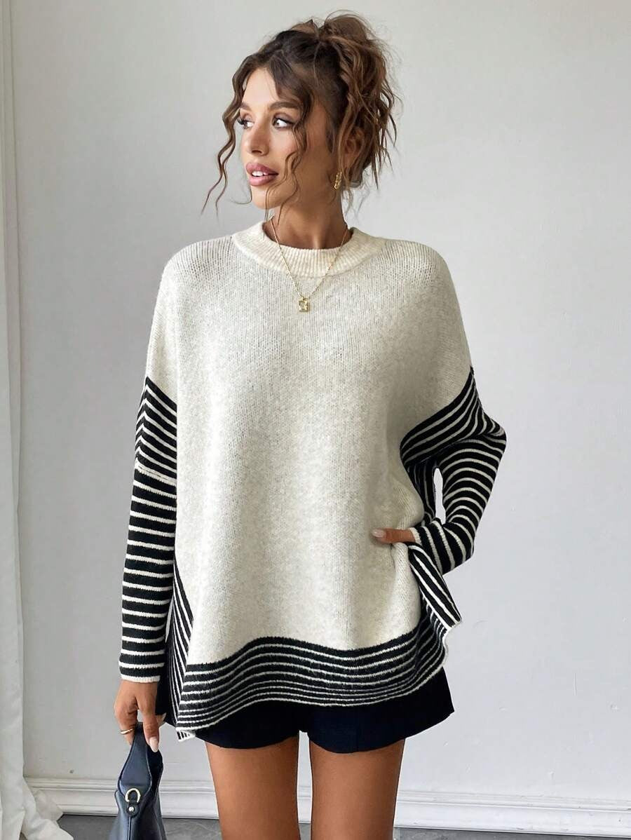 Damen Strickpullover mit modernem Streifenmuster und oversized Schnitt WW