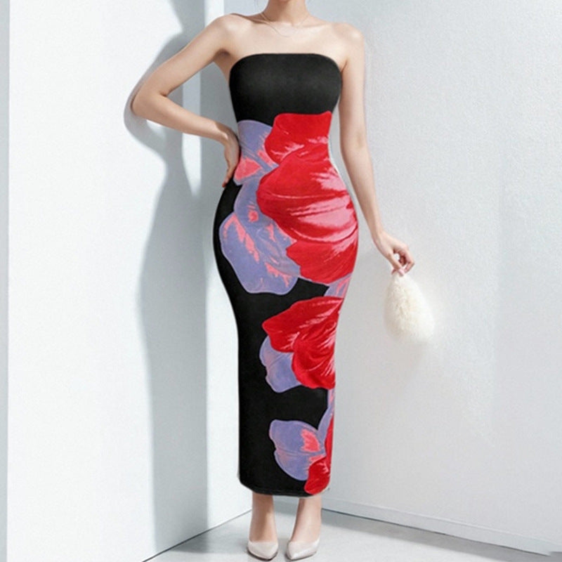 Damen Etui Maxikleid mit schulterfreiem Design und floralem Druck W&W Mode
