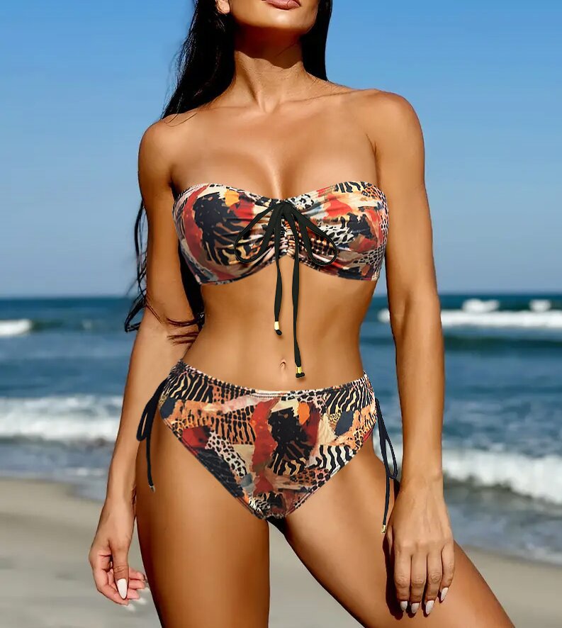Damen Bandeau-Bikini mit verstellbaren Trägern und animalischem Muster WW