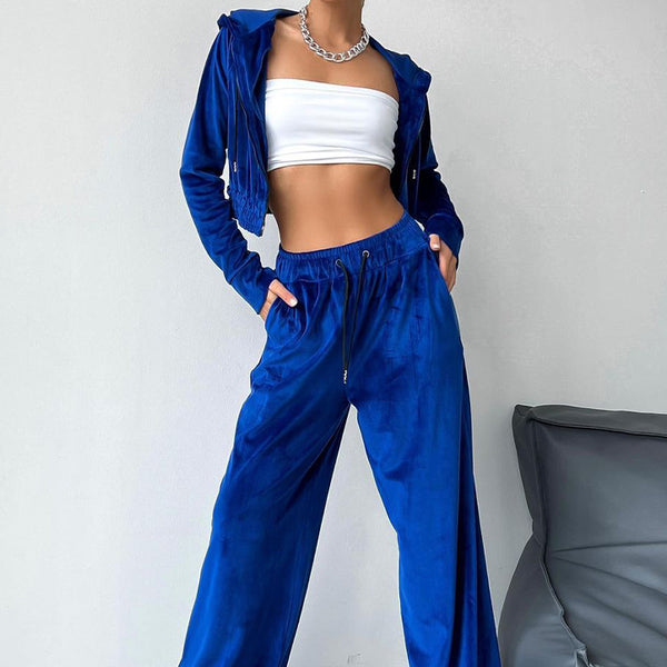 Damen Sportliches Freizeit-Set mit lässiger Kapuzenjacke und weit geschnittenen Hosen WW