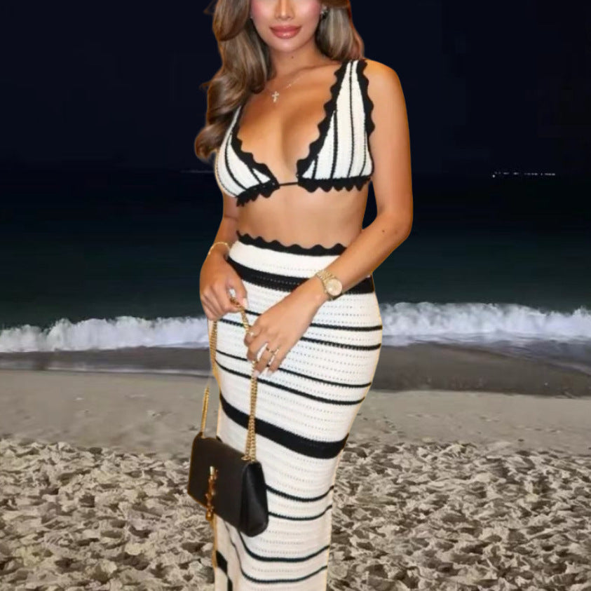 Damen Strick-Bikini-Set mit schickem Wellenmuster und hohem Bund WW