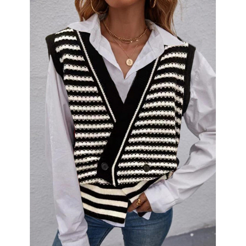 Damen Strickweste mit modischem Streifenmuster und doppeltem Knopfverschluss WW
