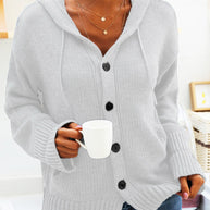 Damen bequeme Strickjacke mit Kapuze und Knopfverschluss WW