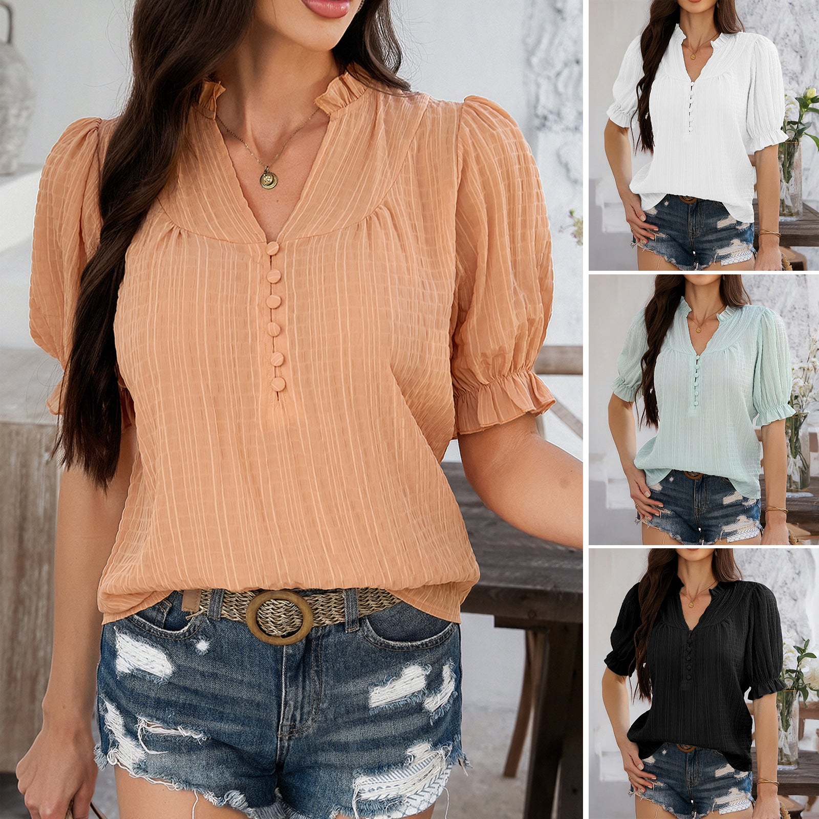 Damen Bluse mit Puffärmeln und dekorativen Knöpfen WW