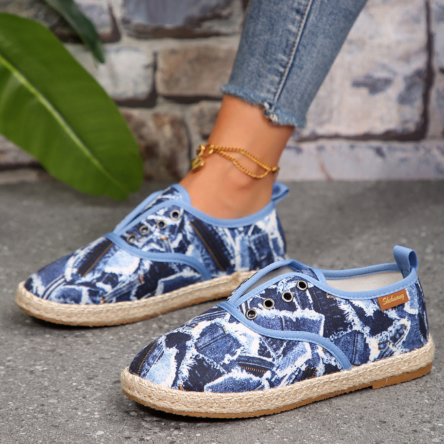 Damen Casual Espadrille Slip-Ons mit stylischem distressed Denim-Muster WW