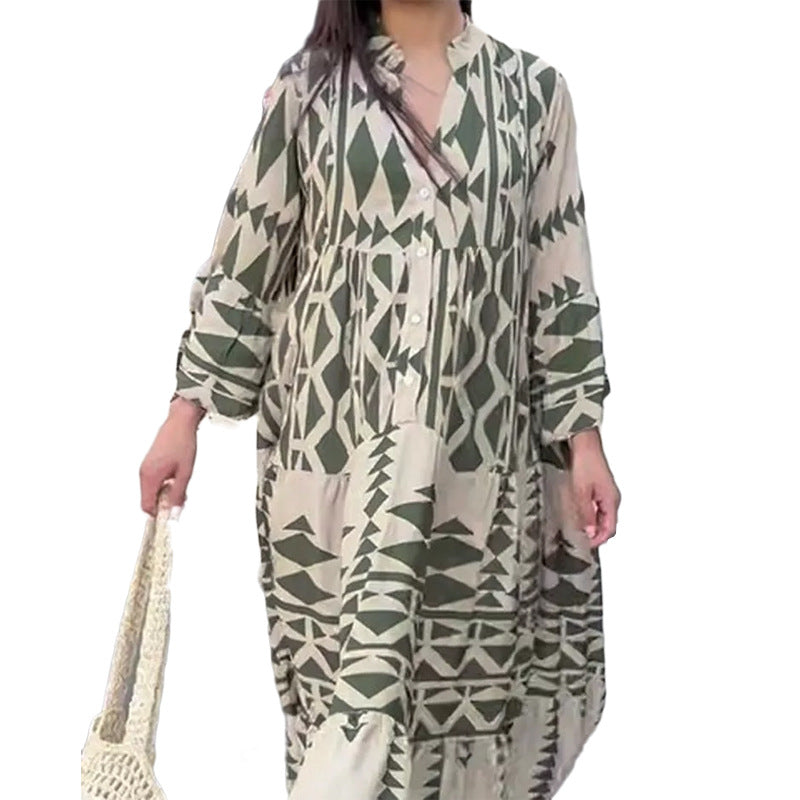 Damen Maxikleid mit geometrischem Muster und fließendem Schnitt WW
