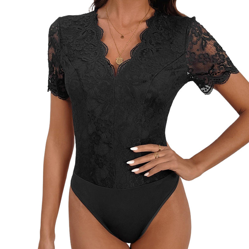 Damen Spitzenbody mit romantischem V-Ausschnitt und voluminösen Ärmeln W&W Mode