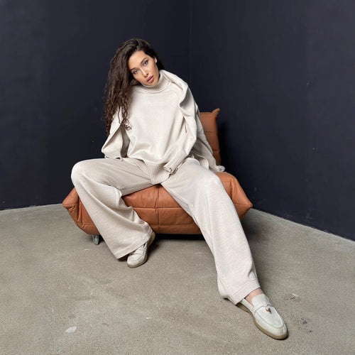 Damen Strick-Loungewear-Set mit hohem Kragen und weitem Schnitt WW