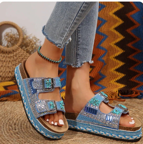 Damen Sandalen mit funkelnden Strassakzenten und komfortabler Korksohle WW