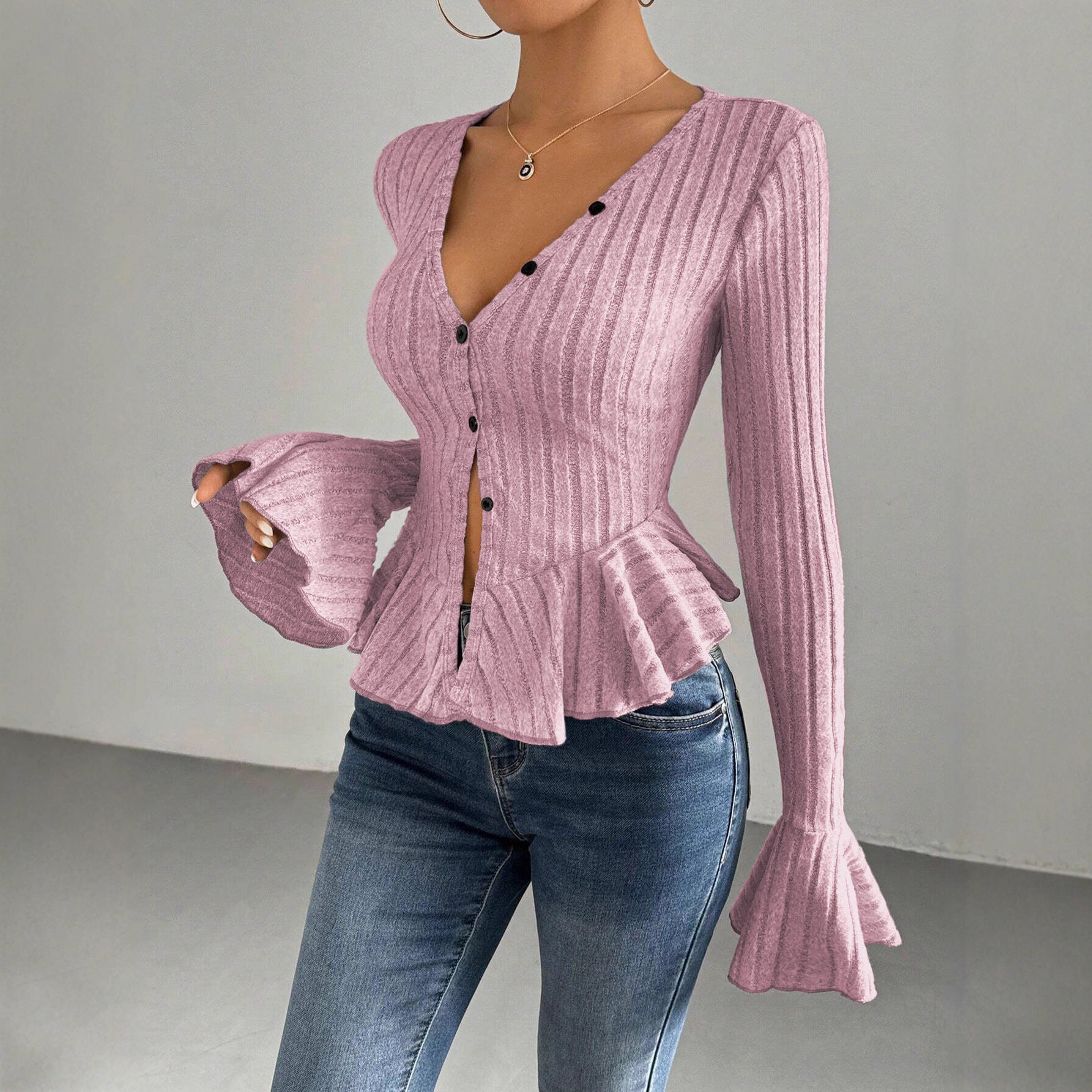 Damen Strickoberteil mit raffiniertem Kellerfalten-Design und Knopfleiste WW
