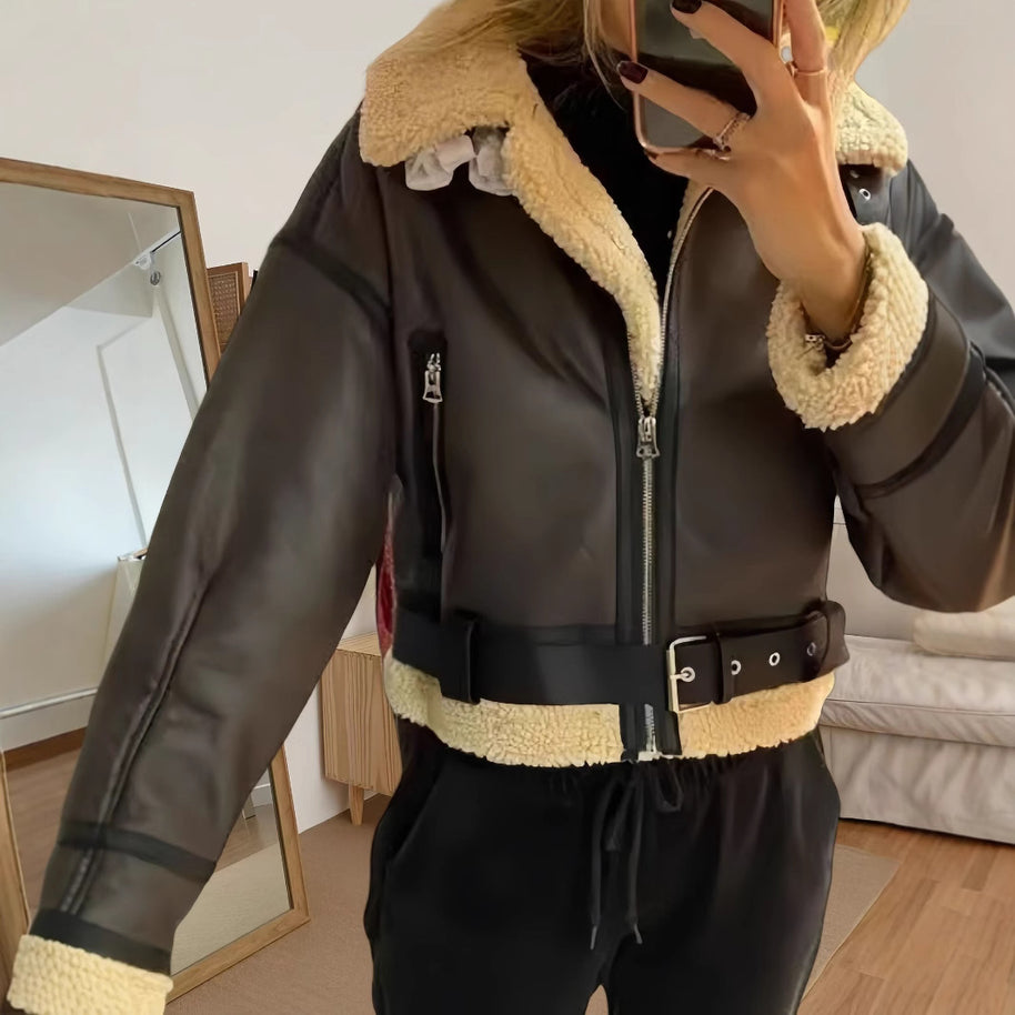 Damen robuste und stylische Lederjacke mit Innenfutter WW