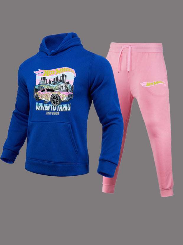 Damen bequemer Kapuzenpullover und Jogginghose Set mit auffälligem Auto-Motiv WW