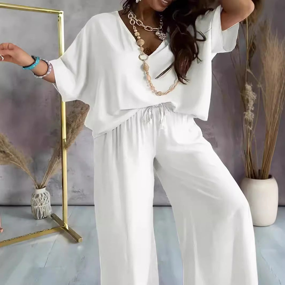 Damen eleganter Jumpsuit mit V-Ausschnitt und weitem Bein WW