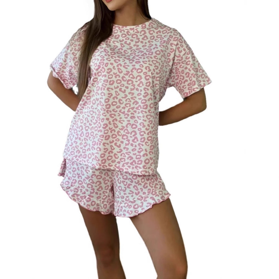 WW | Leopardprint Kurzarm Shorts Schlafanzug Homewear Set