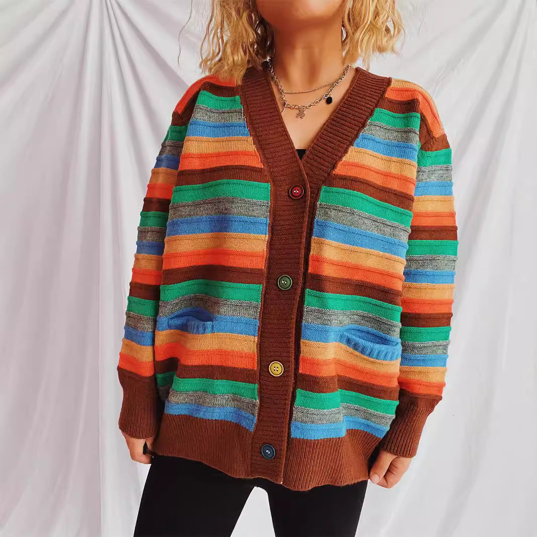Damen Strickjacke mit buntem Streifenmuster und knöpfbarem Design WW