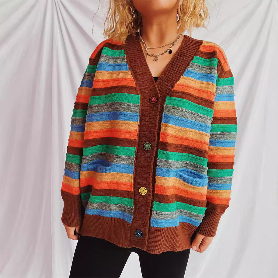 Damen Strickjacke mit buntem Streifenmuster und knöpfbarem Design WW