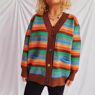 Damen Strickjacke mit buntem Streifenmuster und knöpfbarem Design WW