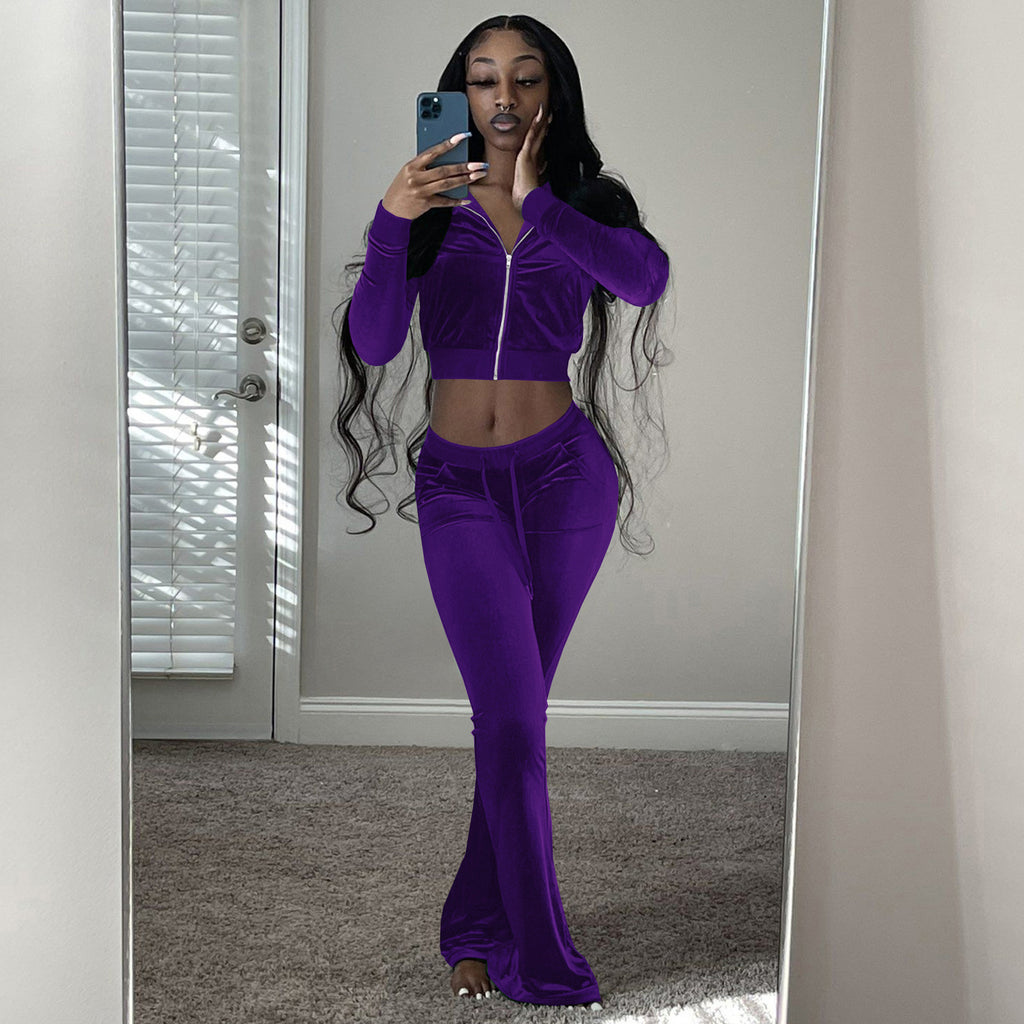 Damen Velours Tracksuit mit Zip-Front und weit geschnittener Hose WW